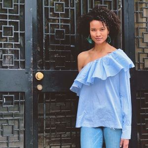 LOFT Stripe One Shoulder Ruffle Blouse